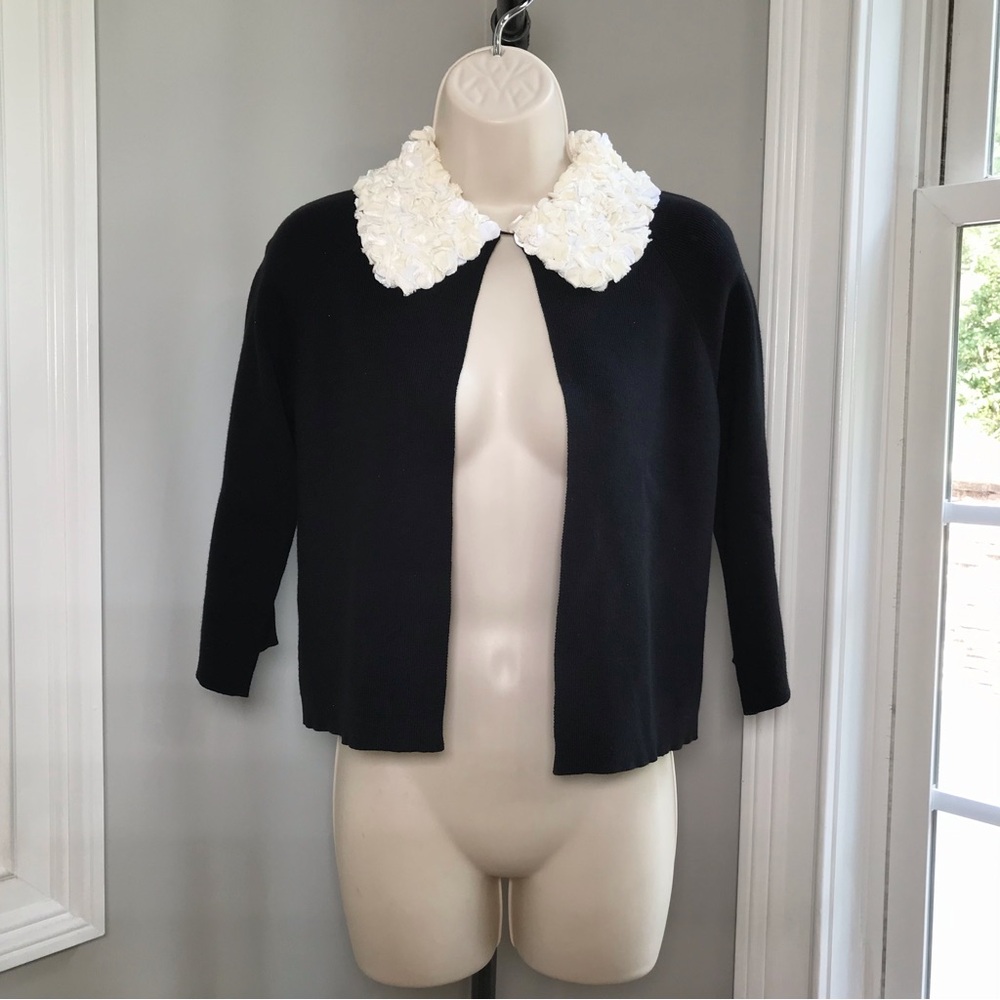Vintage Michael Simon Black Ivory Rosette Crop Sweater Cardigan ~ Women’s Small